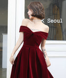 Burgundy velvet long prom dress evening dress HZ1023