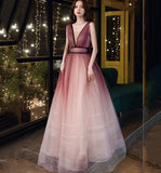 Pink v neck tulle long prom dress evening dress HZ1023
