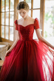 Burgundy Sparkling Beaded A-line Long Tulle Elegant Ball Gown Evening Dress HZ1023