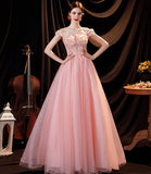 Pink tulle applique long A line prom dress evening dress HZ1023