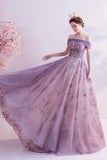 Purple tulle sequins long A line prom dress evening dress HZ1023