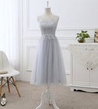 Gray tulle lace prom dress A line evening dress HZ1023