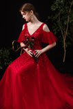 Red tulle sequins long A line prom dress red evening dress HZ1023