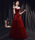 Stylish tulle long prom dress burgundy evening dress HZ1023