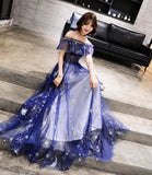Blue tulle long prom dress with stars HZ1023