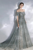 Grey sequins long A line prom dress evening dress HZ1023