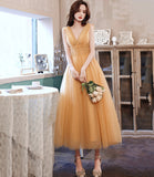 Yellow v neck tulle short prom dress homecoming dress HZ1023