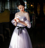 Purple tulle long A line prom gown evening gown HZ1023