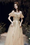 Gold tulle sequins long prom dress A line evening dress HZ1023