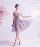 Purple tulle lace short prom dress homecoming dress HZ1023