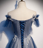 Shiny tulle sequins long prom dress blue evening dress HZ1023