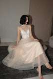 Cute tulle see through short prom dress champagne evening dress HZ1023