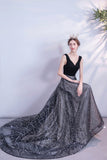 Black tulle sequins long A line prom dress evening dress HZ1023
