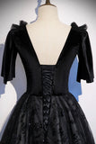 Black velvet lace long prom dress evening dress HZ1023