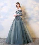 Blue lace long A line prom dress evening dress HZ1023