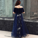 Blue velvet tulle prom dress A line evening dress HZ1023