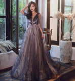 Blue v neck tulle lace long prom dress evening dress HZ1023