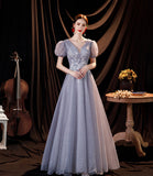 Gray tulle sequins long A line prom dress evening dress HZ1023