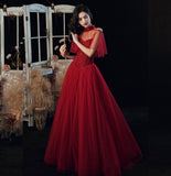 Burgundy tulle sequins long ball gown dress evening gown HZ1023
