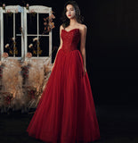 Burgundy tulle sequins long ball gown dress evening gown HZ1023