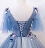 Blue v neck tulle long prom gown formal dress HZ1023