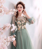 Green tulle lace long A line prom dress evening dress HZ1023