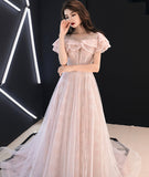Pink lace tulle long prom dress pink evening dress HZ1023