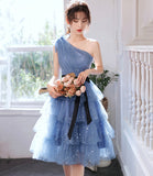 Blue tulle short prom dress one shoulder evening dress HZ1023