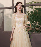 Champagne tulle lace long prom gown evening gown HZ1023