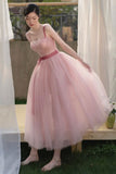 Pink tulle short A line prom dress evening dress HZ1023
