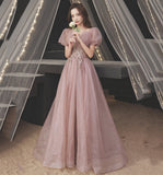 Pink tulle sequins long prom dress A line evening gown HZ1023