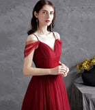 Burgundy v neck tulle long prom dress evening dress HZ1023