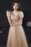 Gold tulle beads long A line prom dress evening dress HZ1023
