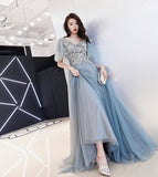 Grey tulle lace long prom dress lace evening dress HZ1023