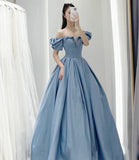 Blue Satin Elegant Short Sleeve Long A-Line Ball Gown Evening Dress HZ1023