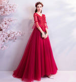Red v neck lace long prom dress A line evening gown HZ1023