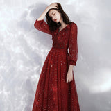 Burgundy lace long sleeve prom dress evening dress HZ1023