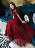 Burgundy velvet tulle prom dress burgundy evening dress HZ1023