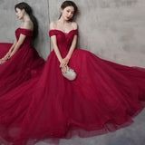 Burgundy tulle beads long prom dress A line evening dress HZ1023