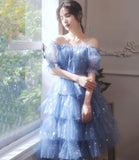 Blue tulle short A line prom dress homecoming dress HZ1023