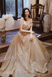Gold sequins long A line prom dress evening dress HZ1023
