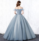 Grey tulle lace long prom gown A line evening dress HZ1023