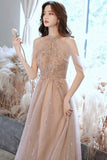 Champagne tulle sequins long A line prom dress evening dress HZ1023