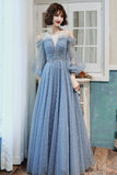 Blue tulle long A line prom dress blue evening dress HZ1023