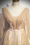 Champagne v neck lace long prom dress A line evening dress HZ1023