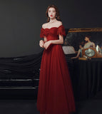 Burgundy tulle long prom dress evening dress HZ1023