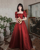 Burgundy satin long A line prom dress homecoming dress HZ1023