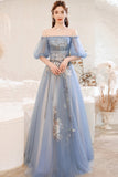 Blue lace long A line prom dress blue evening dress HZ1023