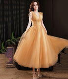 Yellow tulle short A line prom dress yellow evening dress HZ1023