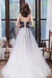 Stylish v neck tulle long A line prom dress blue evening dress HZ1023